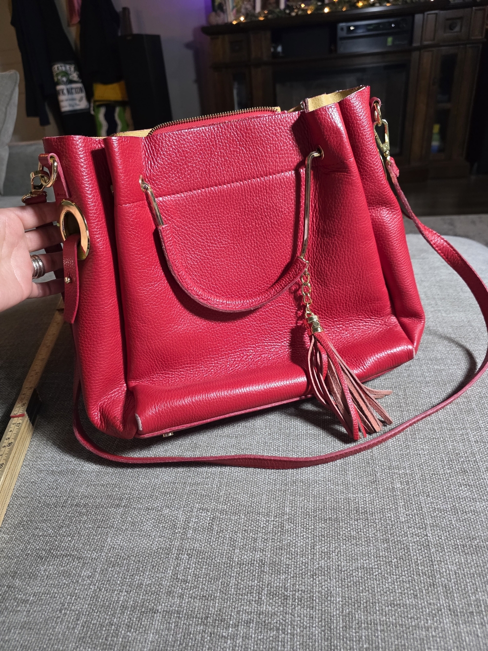 Red Pebbled Leather Tote Bag Tassel Gold Hardware Italy